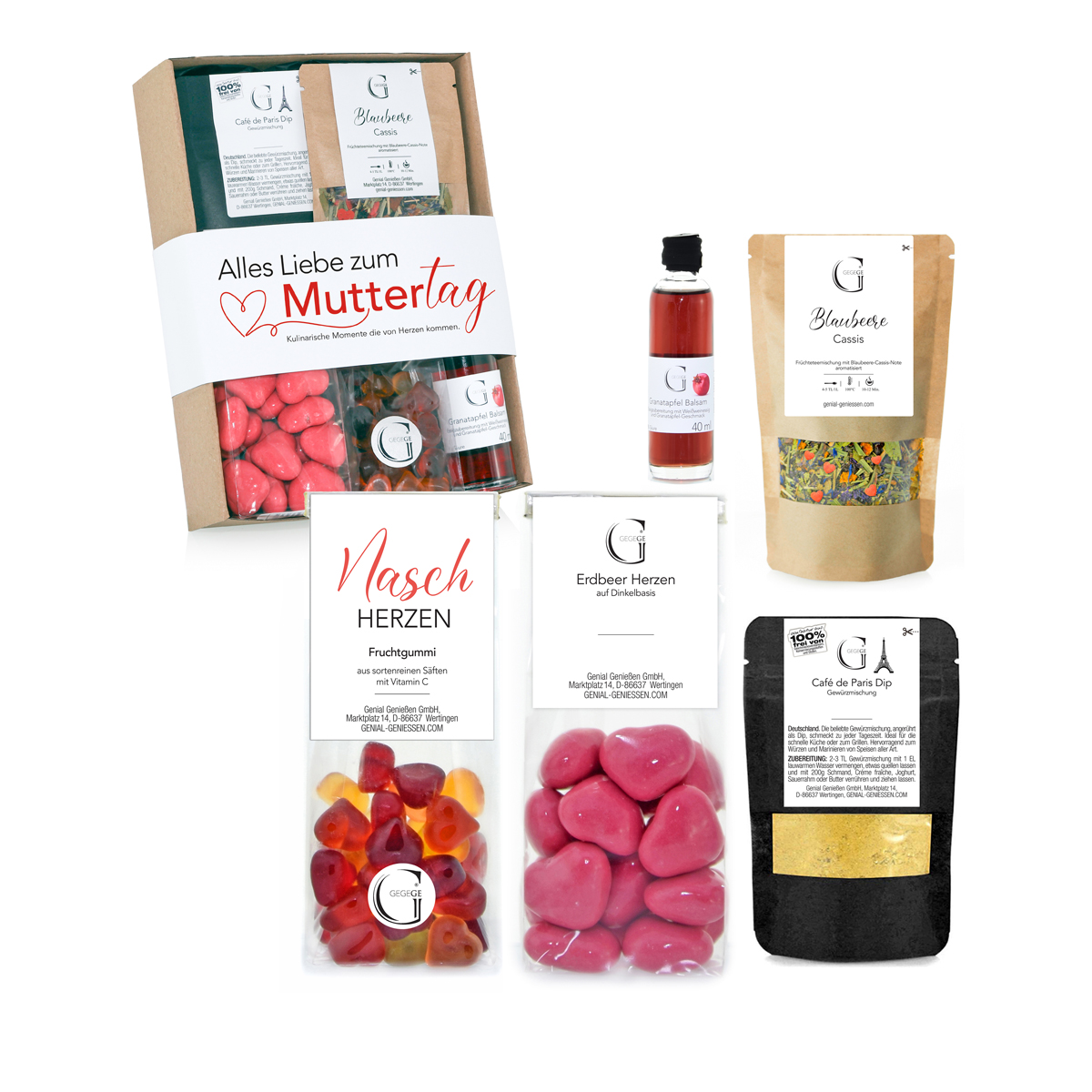 Geschenkset zum Muttertag mit süßen Naschereien, Tee und pikanten Lebensmitteln