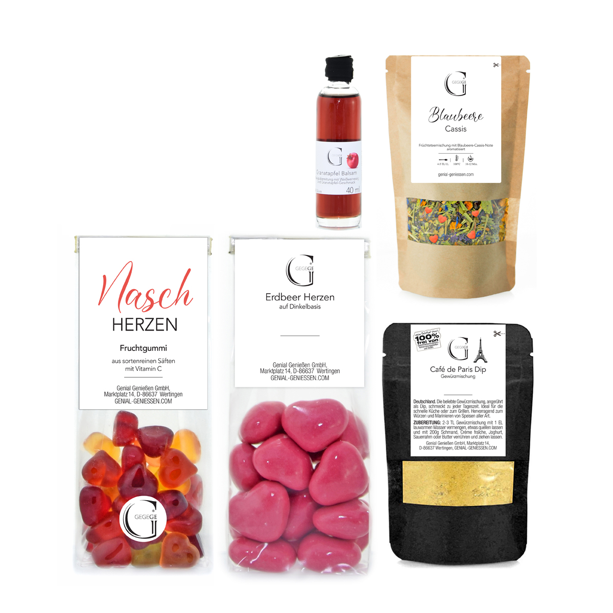 Geschenkset zum Muttertag mit süßen Naschereien, Tee und pikanten Lebensmitteln
