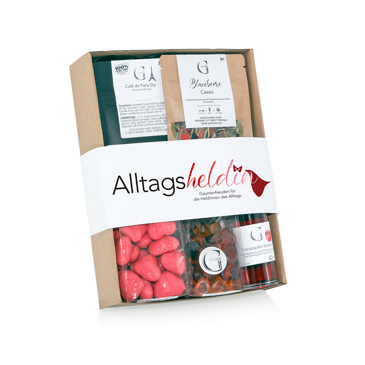 GescGeschenkset Alltagsheldin mit süßen Naschereien, Tee und pikanten Lebensmitteln