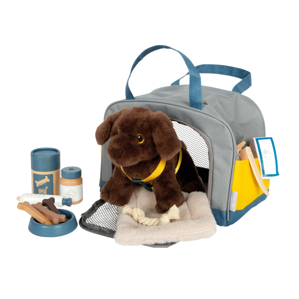 Plüschhund mit Tasche und Pflege-Set