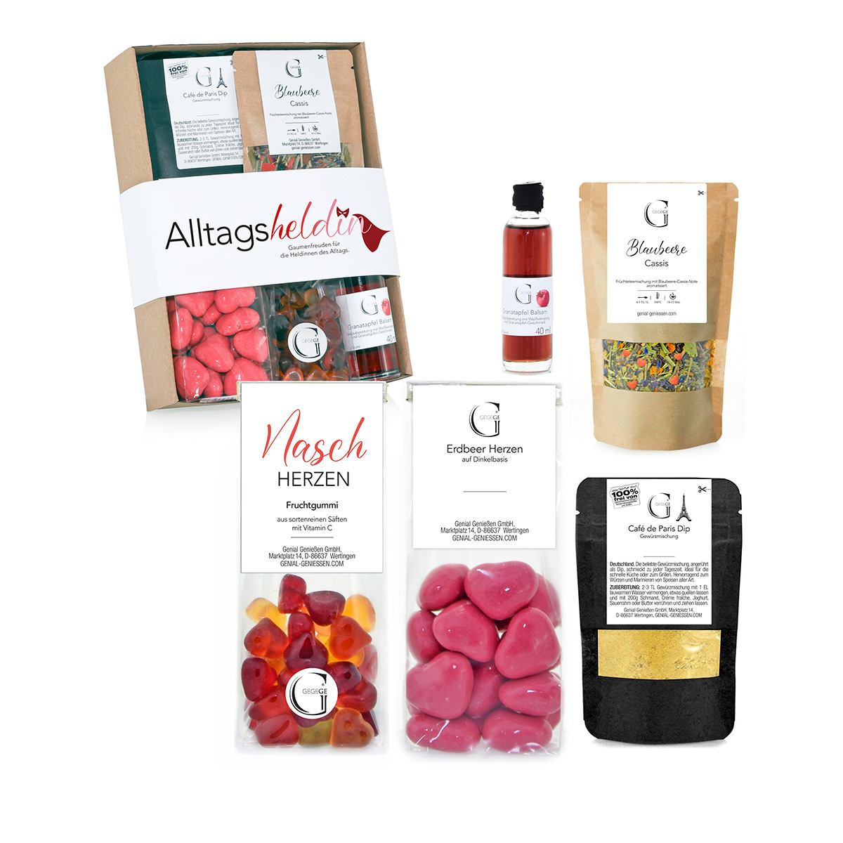 GescGeschenkset Alltagsheldin mit süßen Naschereien, Tee und pikanten Lebensmitteln