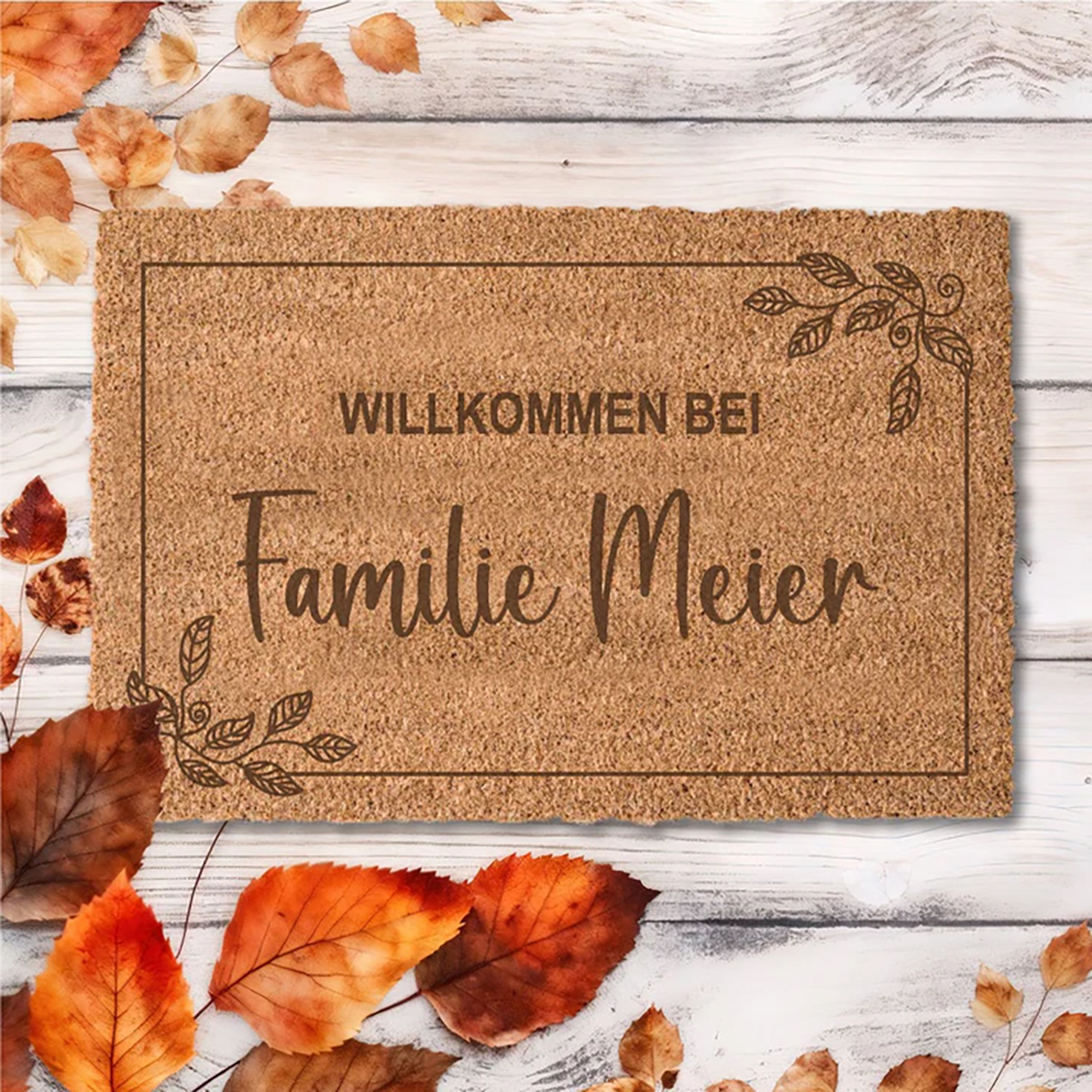 Personalisierbare Kokos-Fußmatte "Willkommen bei Familie.." - Motiv Blätter