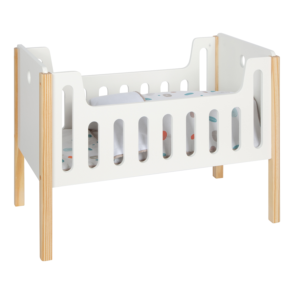 12495_small_foot_Puppengitterbett_Little_Button_schraeg_Puppenbettwaesche_eingelegt Bild: Puppengitterbett "Little Button“