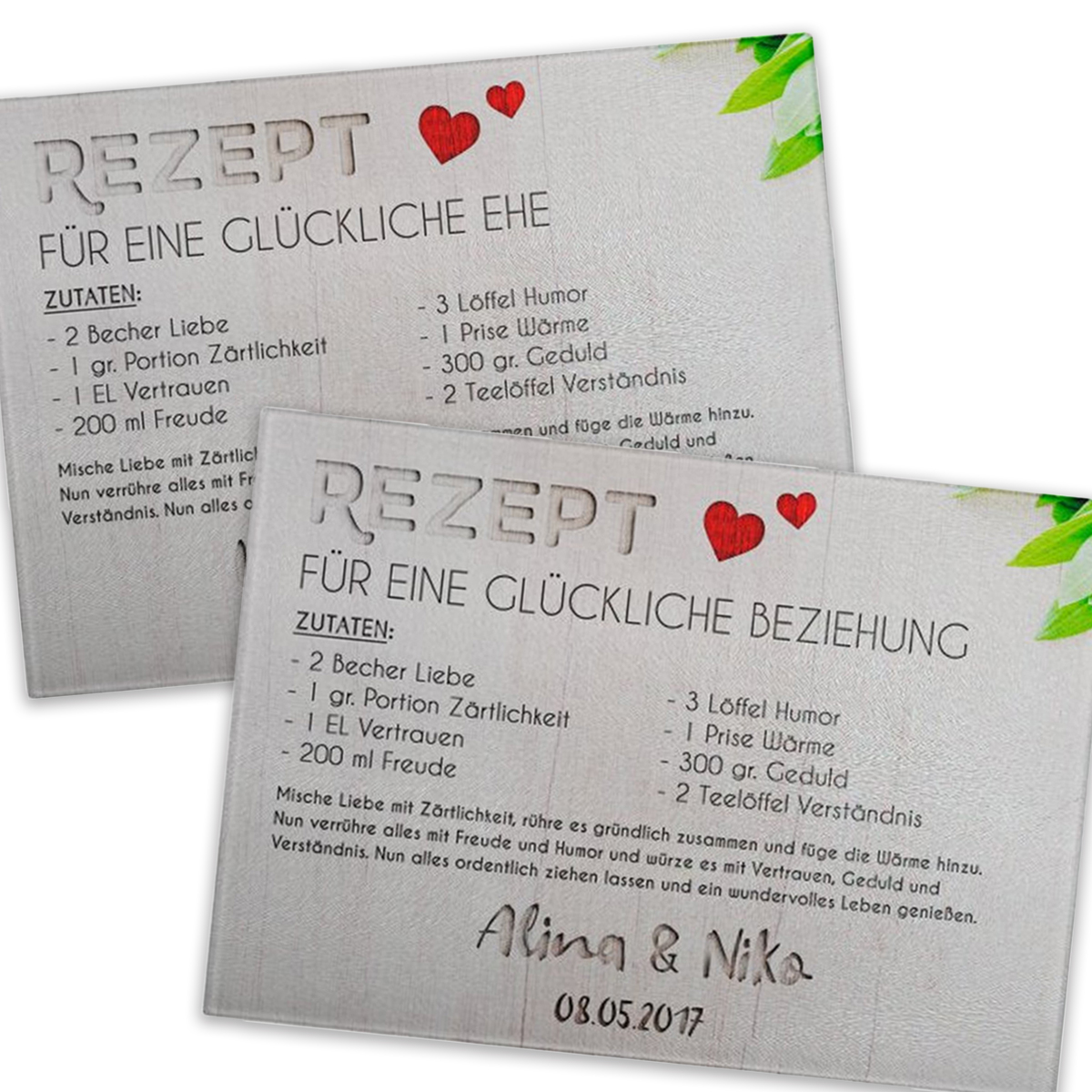 Personalisierbares Glasschneidebrett "Rezept"  Papier, Text, Visitenkarte