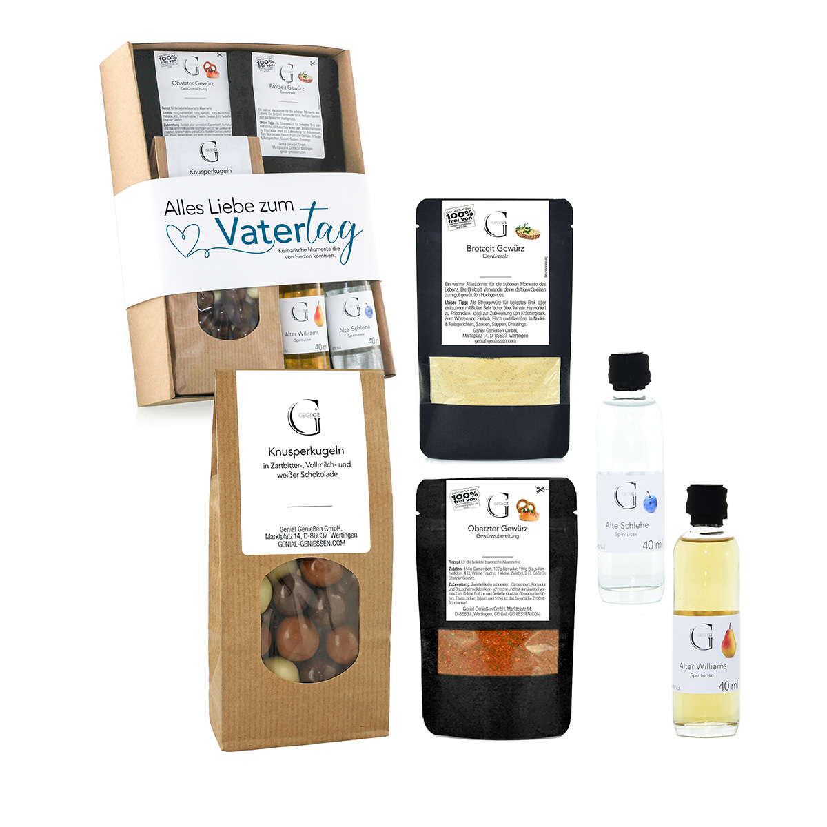 Geschenkset zum Vatertag gefüllt mit Spirituosen und Lebensmitteln