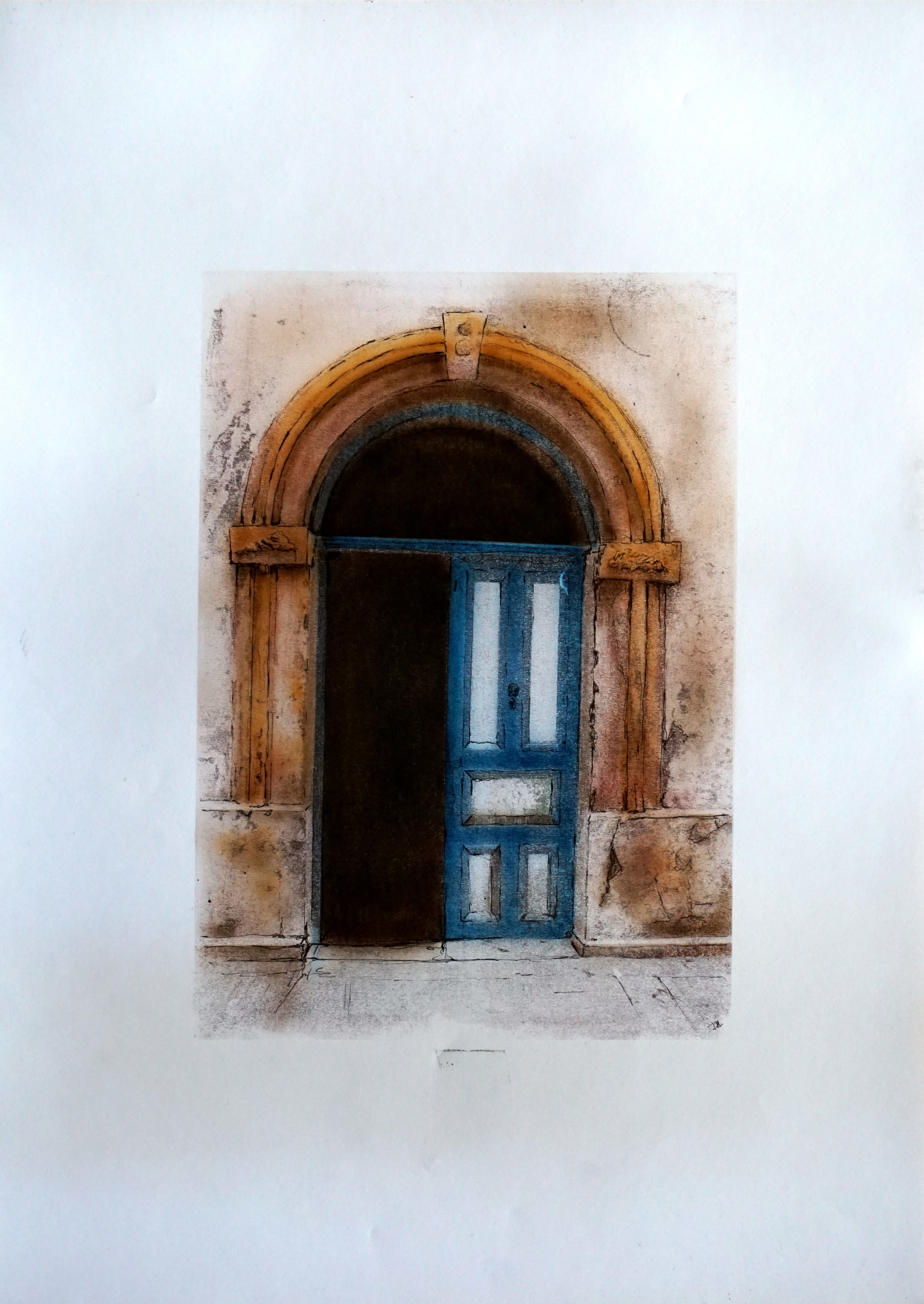 Tuer-Essaouira_nitrofrotage-tusche-acryl-papier_b-50-x-h-70-cm-blattgroesse_250-euro Bild: