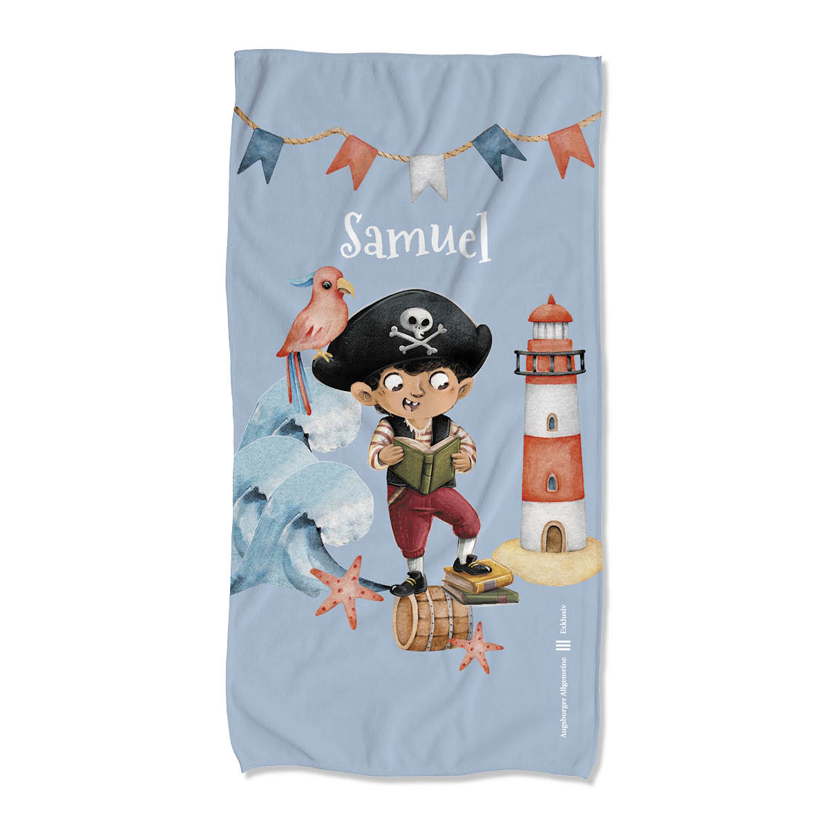 Kinderbadetuch "Pirat/Piratin" blau Person, Applikation, Muster, Gesicht, Vogel