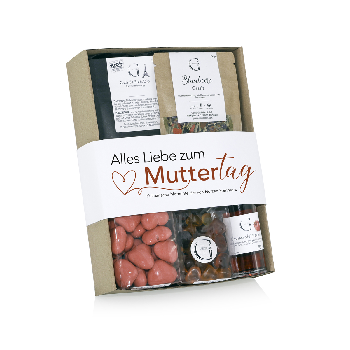 Geschenkset zum Muttertag mit süßen Naschereien, Tee und pikanten Lebensmitteln
