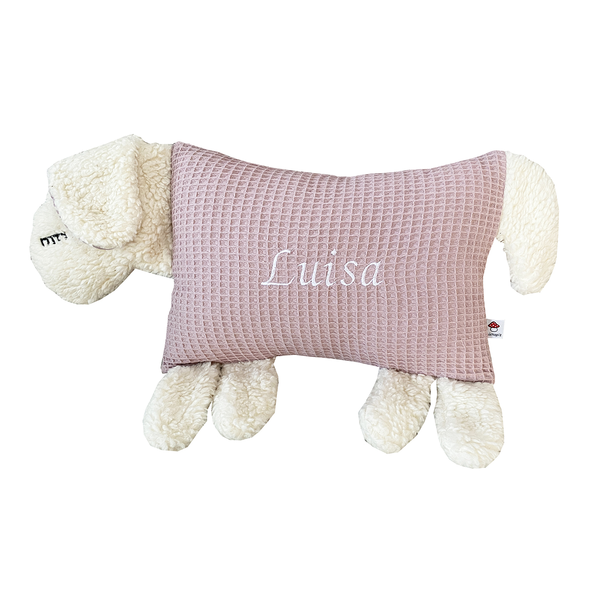 Kuscheltier-Kissen-Schaf_rosa-1-links Bild: Handgenähtes Kuscheltier Kissen