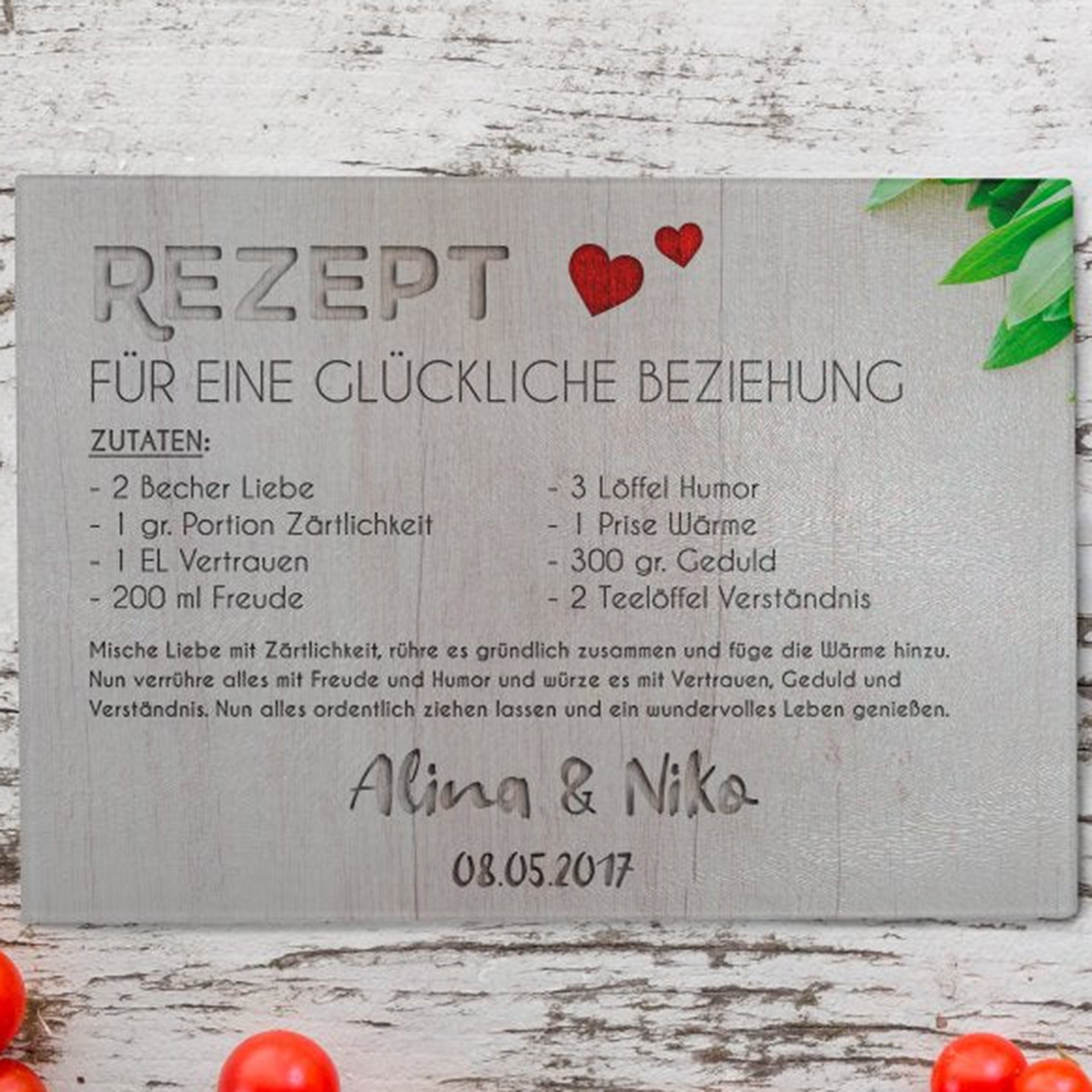 Personalisierbares Glasschneidebrett "Rezept für eine glückliche Beziehung" 