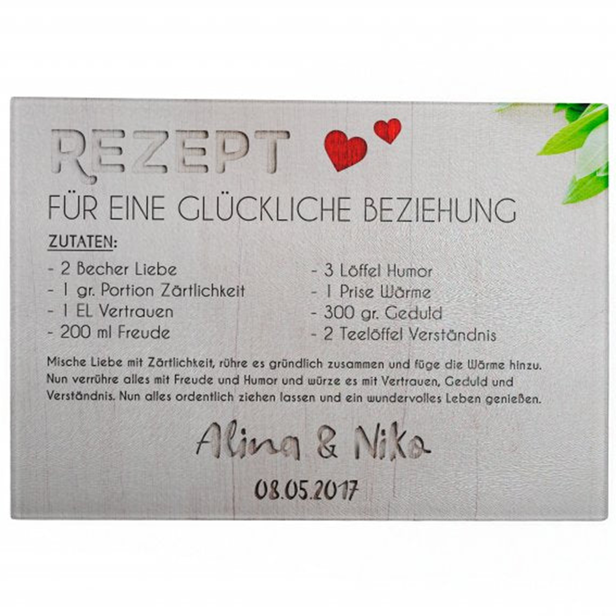 Personalisierbares Glasschneidebrett "Rezept für eine glückliche Beziehung" 