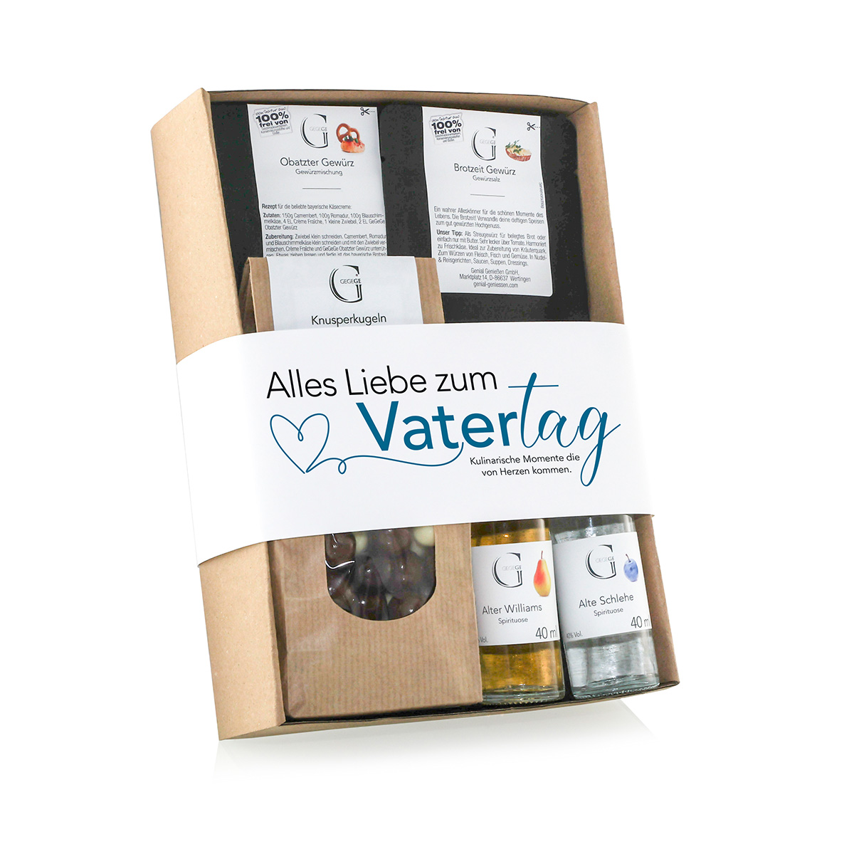 Geschenkset zum Vatertag gefüllt mit Spirituosen und Lebensmitteln